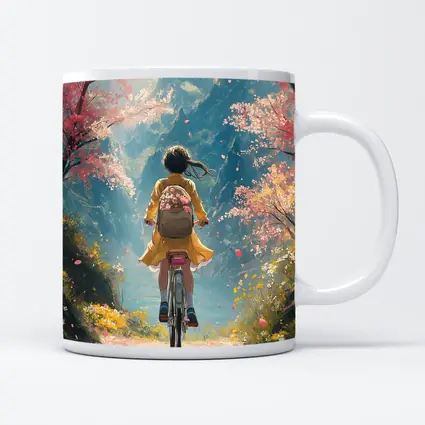 Anime Girl Cycling Cherry Blossom Mountain Path
