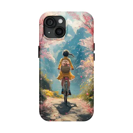 Anime Girl Cycling Cherry Blossom Mountain Path