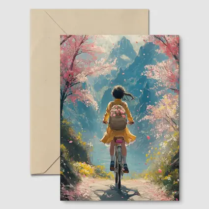 Anime Girl Cycling Cherry Blossom Mountain Path