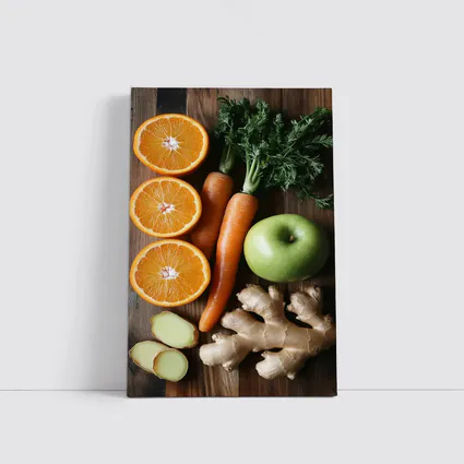 Fresh Oranges Carrots Apple Ginger Wooden Table