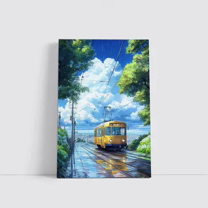Yellow Tram Anime Rainy City Street Art