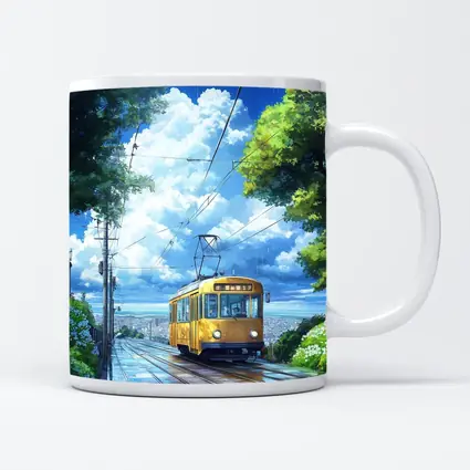 Yellow Tram Anime Rainy City Street Art
