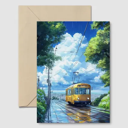 Yellow Tram Anime Rainy City Street Art