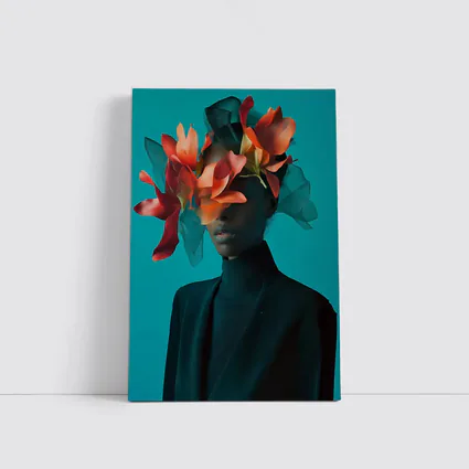Woman With Orange Flowers Teal Background