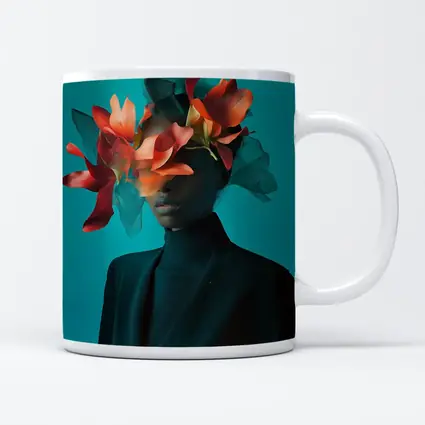 Woman With Orange Flowers Teal Background