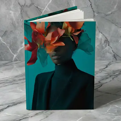 Woman With Orange Flowers Teal Background