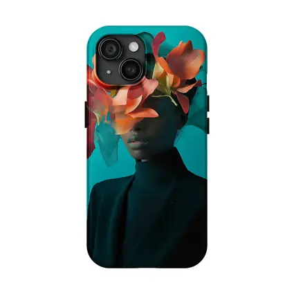 Woman With Orange Flowers Teal Background