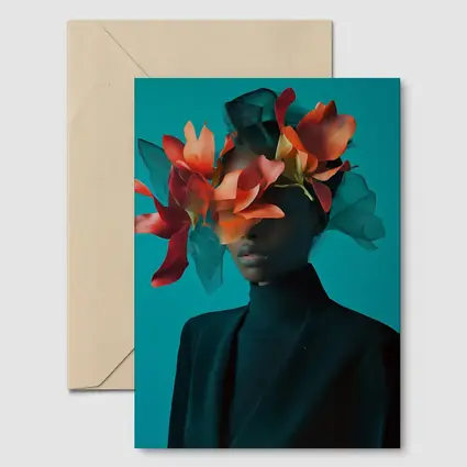 Woman With Orange Flowers Teal Background