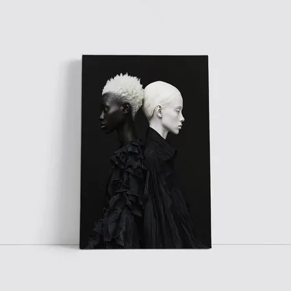 Two Women Black Fashion Portrait Dark Background