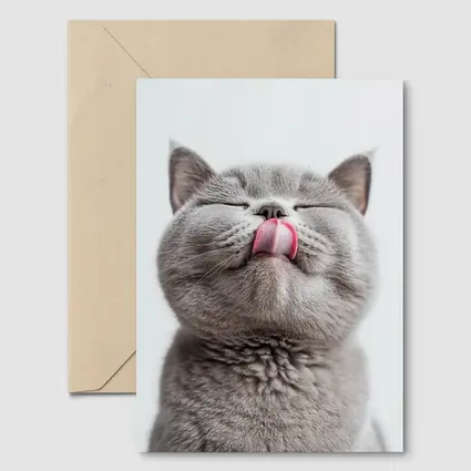 Gray British Shorthair Cat Licking Lips