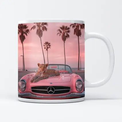 Leopard on Pink Mercedes Classic Car Beach