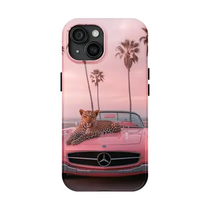 Leopard on Pink Mercedes Classic Car Beach