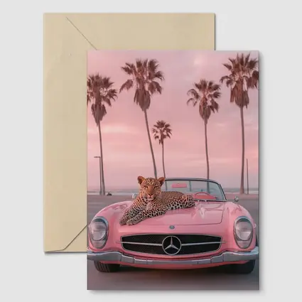 Leopard on Pink Mercedes Classic Car Beach