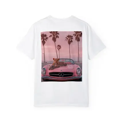Leopard on Pink Mercedes Classic Car Beach
