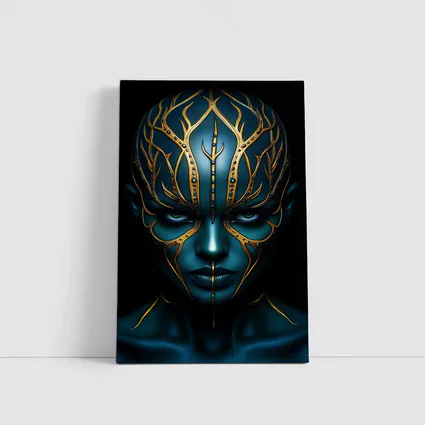 Blue Alien Woman Gold Ornamental Dark Portrait