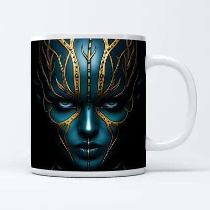 Blue Alien Woman Gold Ornamental Dark Portrait