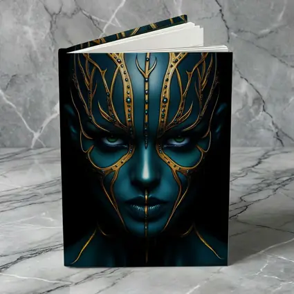 Blue Alien Woman Gold Ornamental Dark Portrait