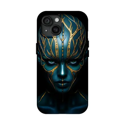 Blue Alien Woman Gold Ornamental Dark Portrait