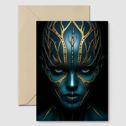 Blue Alien Woman Gold Ornamental Dark Portrait