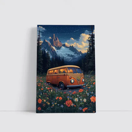 Volkswagen Bus Wildflower Meadow Mountain Night