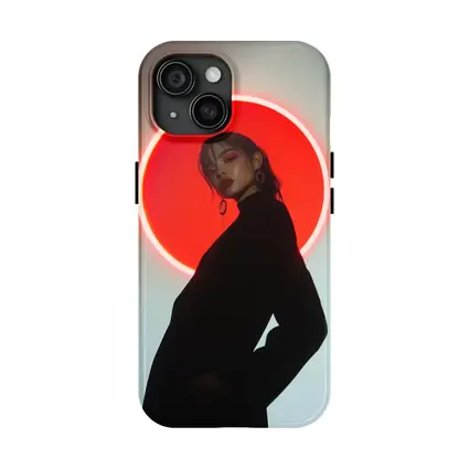 Woman in Black Against Red Neon Circle