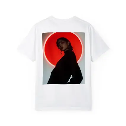 Woman in Black Against Red Neon Circle