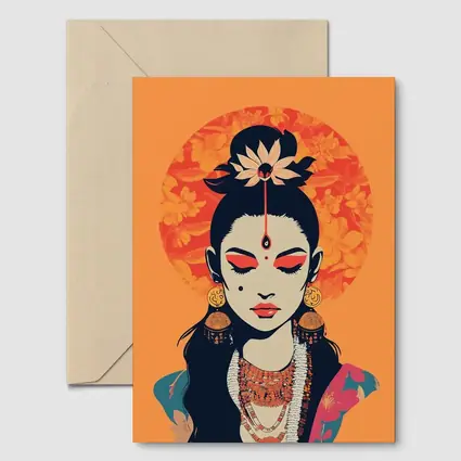 Indian Goddess Woman Orange Floral Background