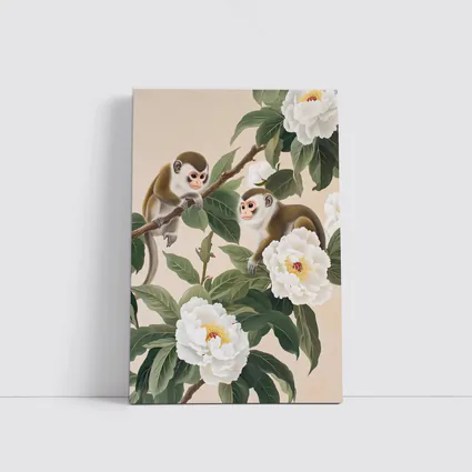 Two Monkeys on Branch with White Peonies