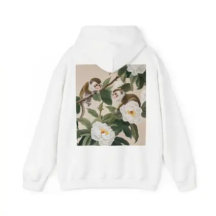 Two Monkeys on Branch with White Peonies