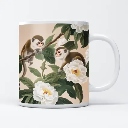 Two Monkeys on Branch with White Peonies