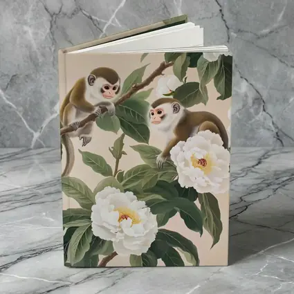 Two Monkeys on Branch with White Peonies