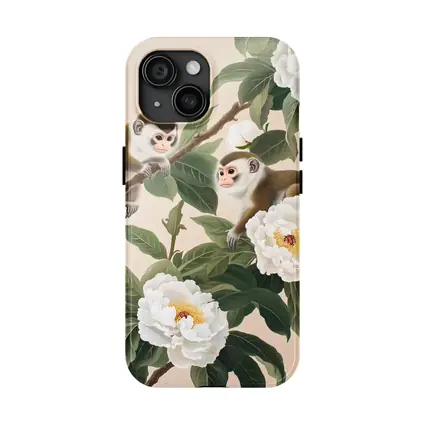 Two Monkeys on Branch with White Peonies