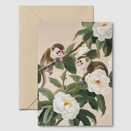 Two Monkeys on Branch with White Peonies
