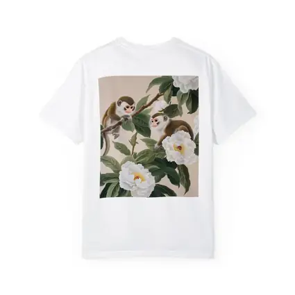 Two Monkeys on Branch with White Peonies