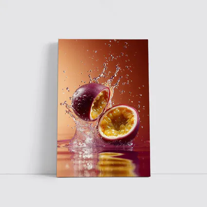 Passion Fruit Splash on Warm Red Background