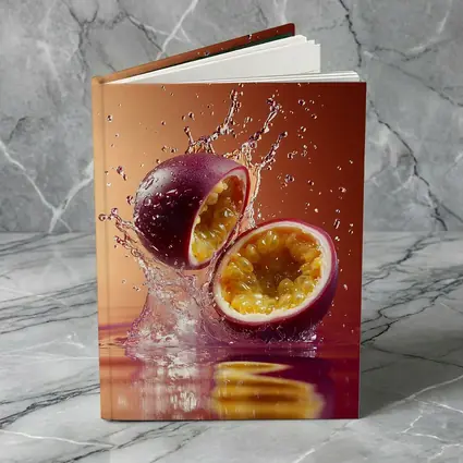 Passion Fruit Splash on Warm Red Background
