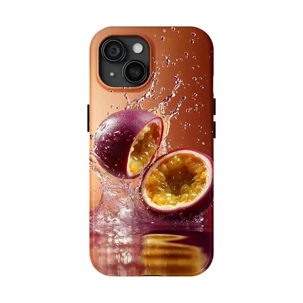 Passion Fruit Splash on Warm Red Background