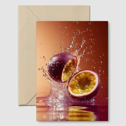 Passion Fruit Splash on Warm Red Background