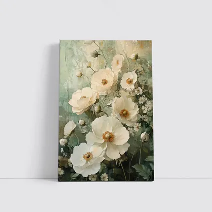 White Poppy Flowers Sage Green Painted Background