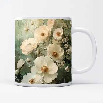 White Poppy Flowers Sage Green Painted Background