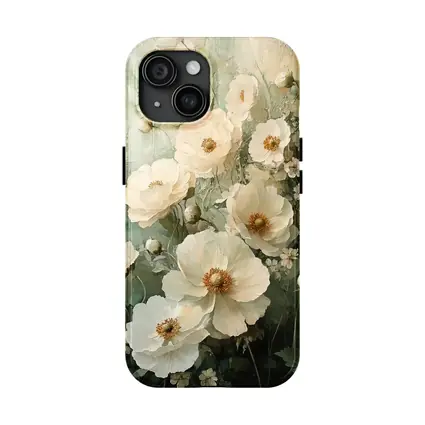 White Poppy Flowers Sage Green Painted Background