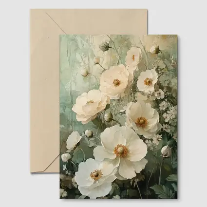 White Poppy Flowers Sage Green Painted Background