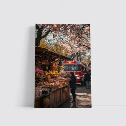 Spring Market Cherry Blossoms Fire Truck Street