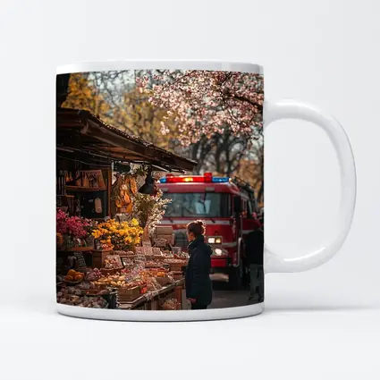 Spring Market Cherry Blossoms Fire Truck Street