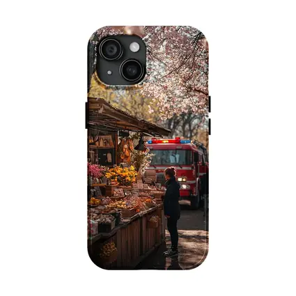 Spring Market Cherry Blossoms Fire Truck Street