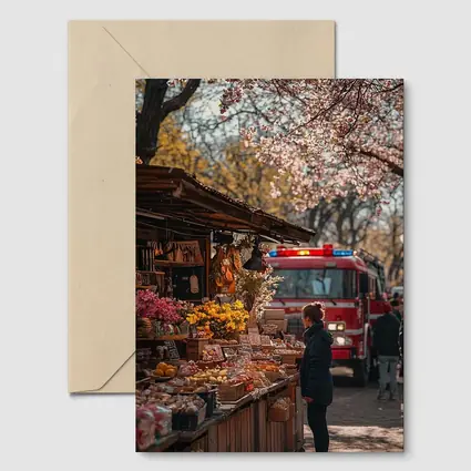 Spring Market Cherry Blossoms Fire Truck Street