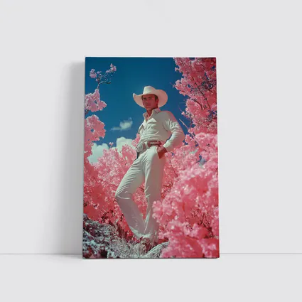 White Cowboy Pink Blossoms Blue Sky