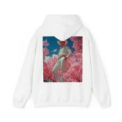 White Cowboy Pink Blossoms Blue Sky