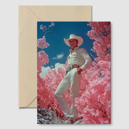 White Cowboy Pink Blossoms Blue Sky