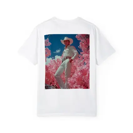 White Cowboy Pink Blossoms Blue Sky